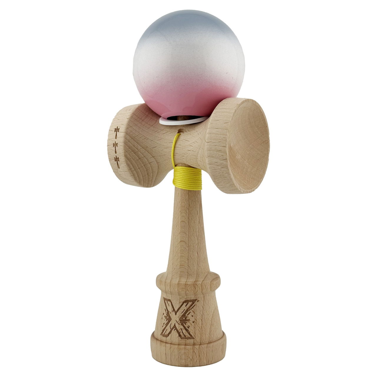 Kendama X Originala, Profesionala, Flippy, Super Sticky cu Cupe Mari KING SIZE V3, Gaura in Baza, Rulment Metalic, din lemn 18 cm, Ata 62/65 cm, Gradient Gri/Alb/Roz [3]