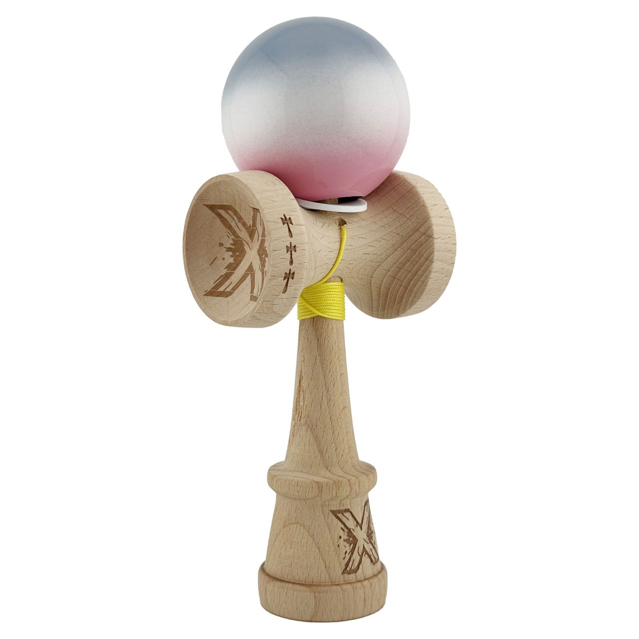 Kendama X Originala, Profesionala, Flippy, Super Sticky cu Cupe Mari KING SIZE V3, Gaura in Baza, Rulment Metalic, din lemn 18 cm, Ata 62/65 cm, Gradient Gri/Alb/Roz [1]