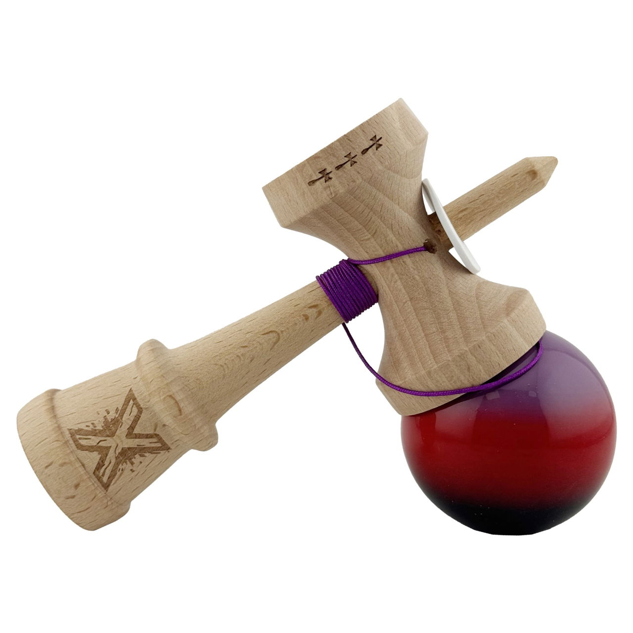 Kendama X Originala, Profesionala, Flippy, Super Sticky cu Cupe Mari KING SIZE V3, Gaura in Baza, Rulment Metalic, din lemn 18 cm, Ata 62/65 cm, Gradient Mov/Rosu/Negru [5]