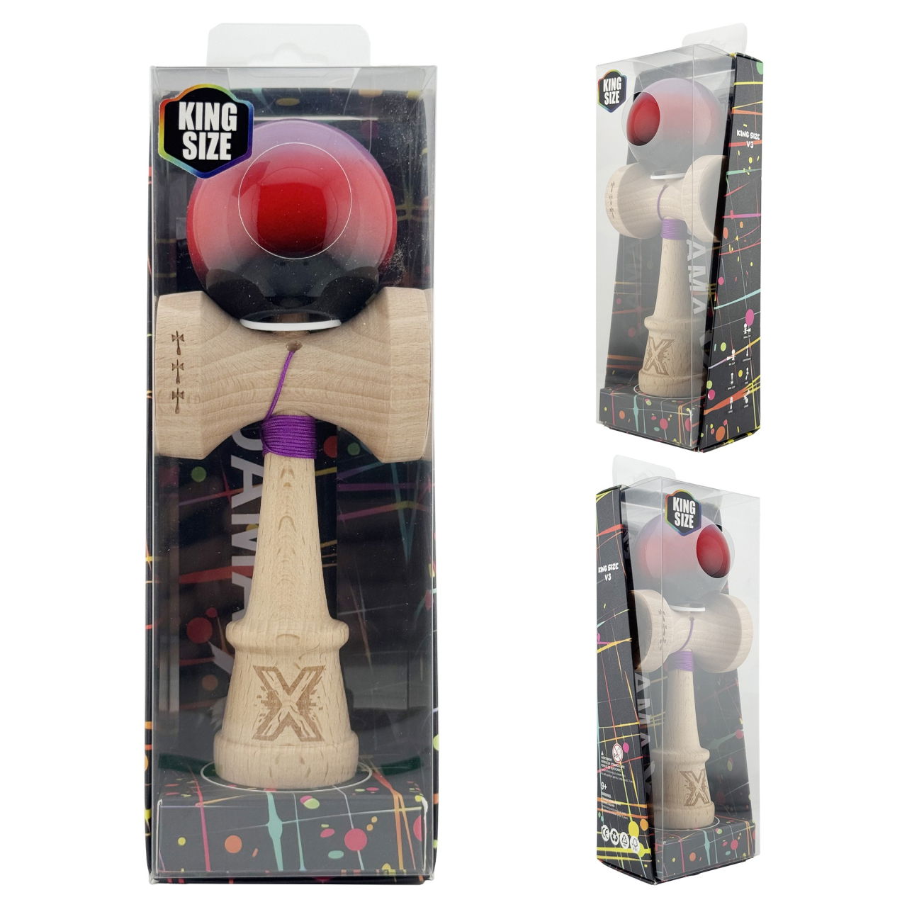 Kendama X Originala, Profesionala, Flippy, Super Sticky cu Cupe Mari KING SIZE V3, Gaura in Baza, Rulment Metalic, din lemn 18 cm, Ata 62/65 cm, Gradient Mov/Rosu/Negru [6]