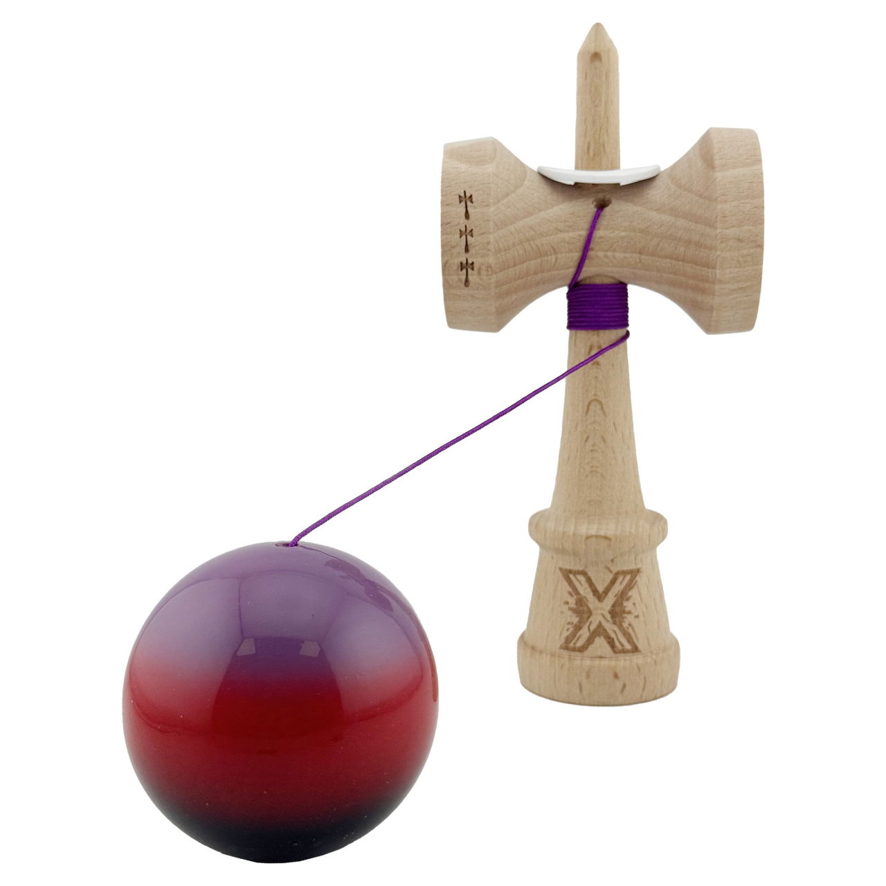Kendama X Originala, Profesionala, Flippy, Super Sticky cu Cupe Mari KING SIZE V3, Gaura in Baza, Rulment Metalic, din lemn 18 cm, Ata 62/65 cm, Gradient Mov/Rosu/Negru [4]