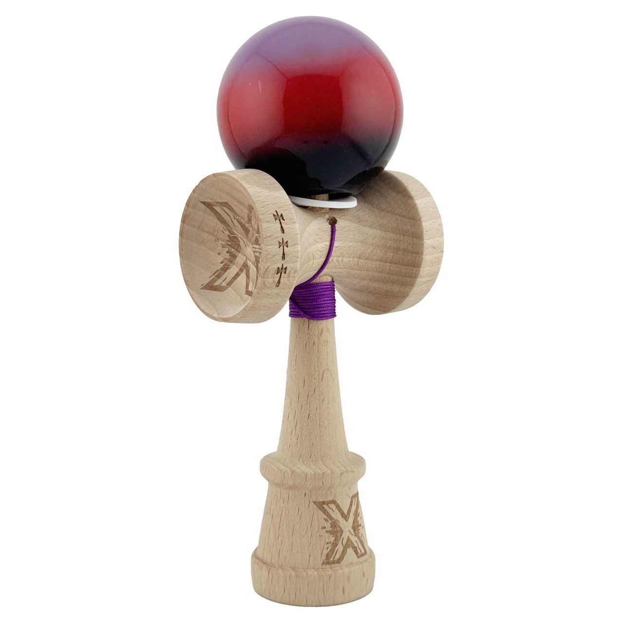 Kendama X Originala, Profesionala, Flippy, Super Sticky cu Cupe Mari KING SIZE V3, Gaura in Baza, Rulment Metalic, din lemn 18 cm, Ata 62/65 cm, Gradient Mov/Rosu/Negru [1]