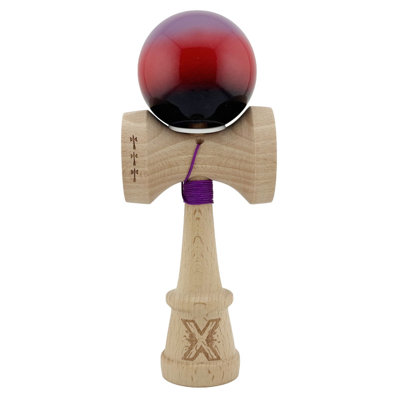Kendama X Originala, Profesionala, Flippy, Super Sticky cu Cupe Mari KING SIZE V3, Gaura in Baza, Rulment Metalic, din lemn 18 cm, Ata 62/65 cm, Gradient Mov/Rosu/Negru [2]