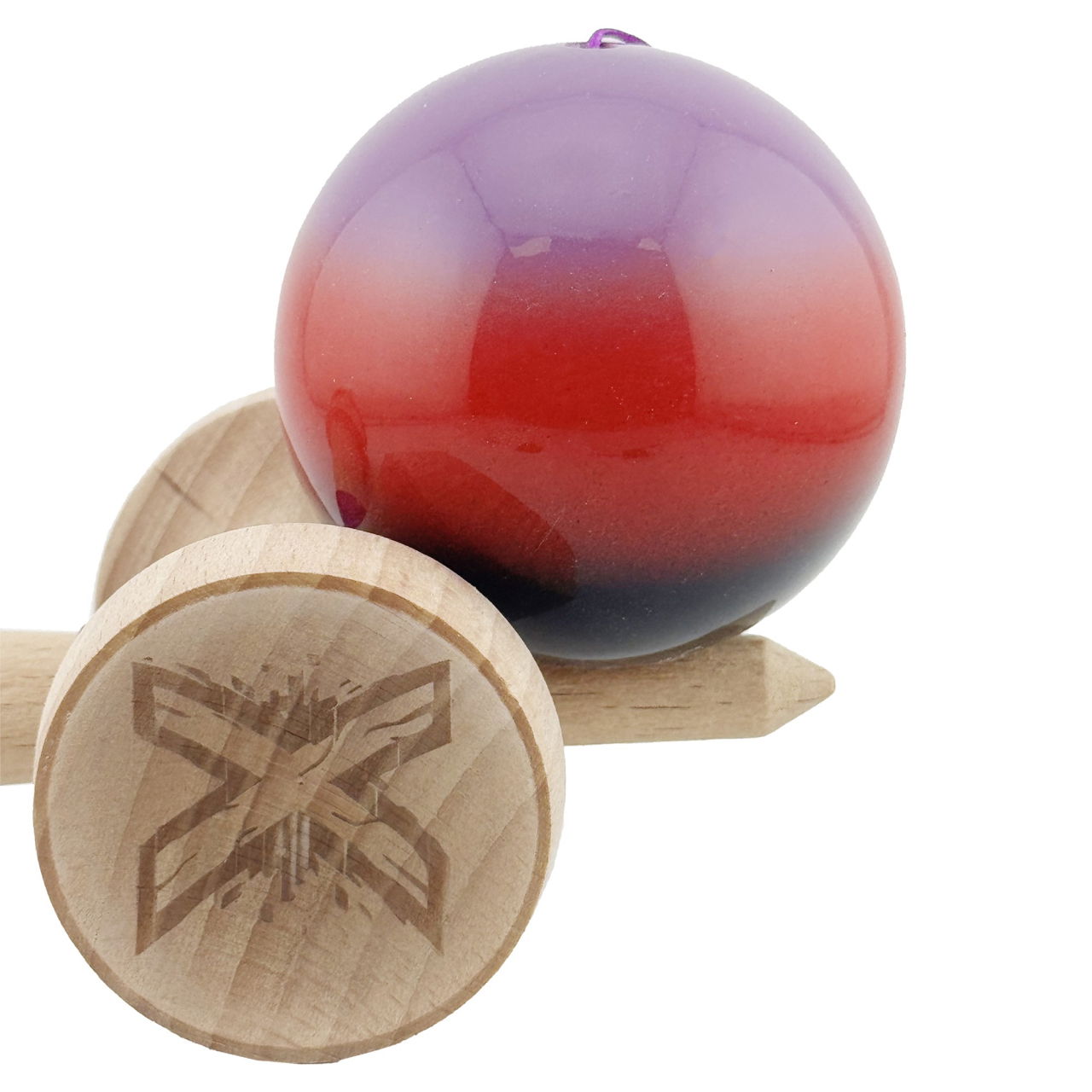 Kendama X Originala, Profesionala, Flippy, Super Sticky cu Cupe Mari KING SIZE V3, Gaura in Baza, Rulment Metalic, din lemn 18 cm, Ata 62/65 cm, Gradient Mov/Rosu/Negru [9]