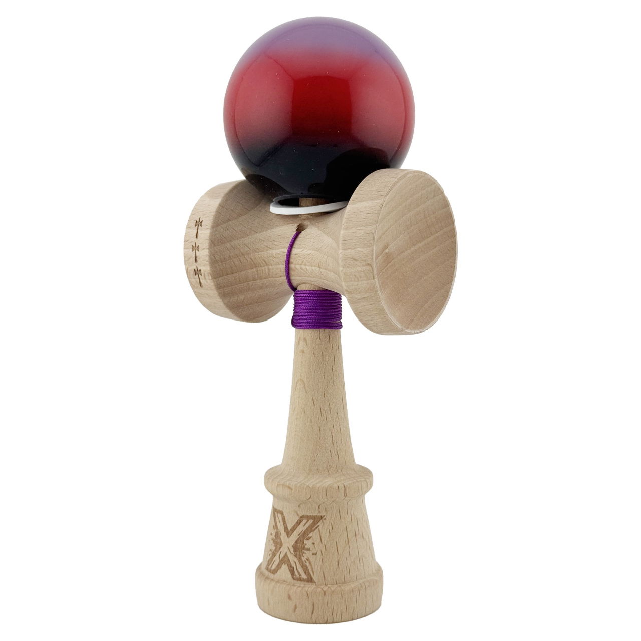 Kendama X Originala, Profesionala, Flippy, Super Sticky cu Cupe Mari KING SIZE V3, Gaura in Baza, Rulment Metalic, din lemn 18 cm, Ata 62/65 cm, Gradient Mov/Rosu/Negru [3]