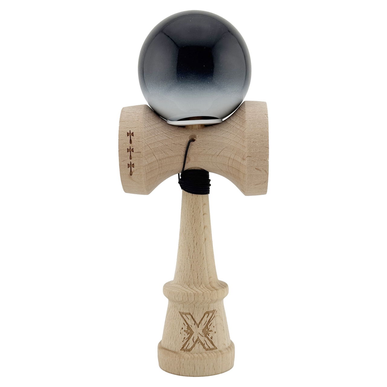 Kendama X Originala, Profesionala, Flippy, Super Sticky cu Cupe Mari KING SIZE V3, Gaura in Baza, Rulment Metalic, din lemn 18 cm, Ata 62/65 cm, Gradient Negru/Alb [2]