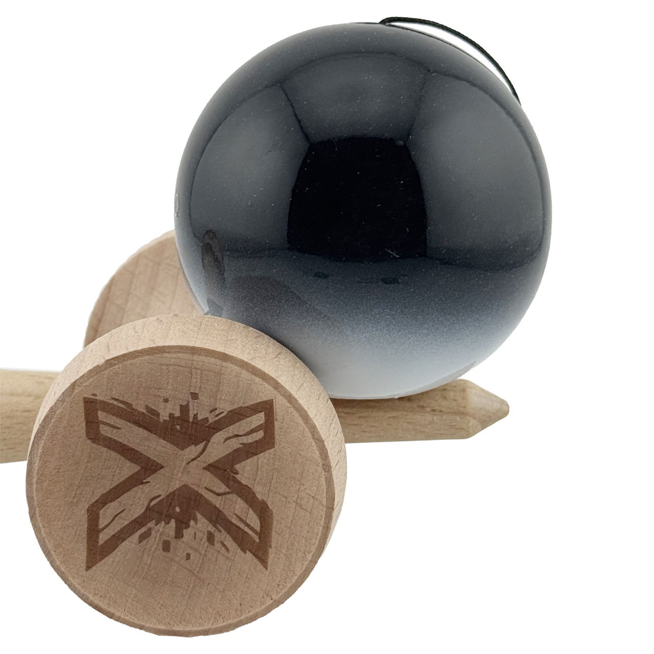 Kendama X Originala, Profesionala, Flippy, Super Sticky cu Cupe Mari KING SIZE V3, Gaura in Baza, Rulment Metalic, din lemn 18 cm, Ata 62/65 cm, Gradient Negru/Alb [9]