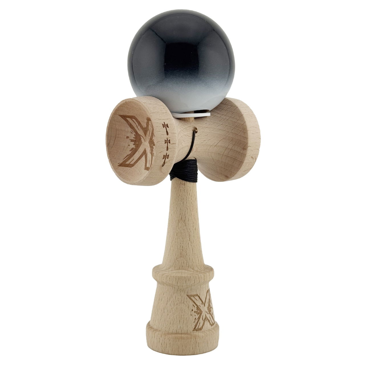 Kendama X Originala, Profesionala, Flippy, Super Sticky cu Cupe Mari KING SIZE V3, Gaura in Baza, Rulment Metalic, din lemn 18 cm, Ata 62/65 cm, Gradient Negru/Alb [1]