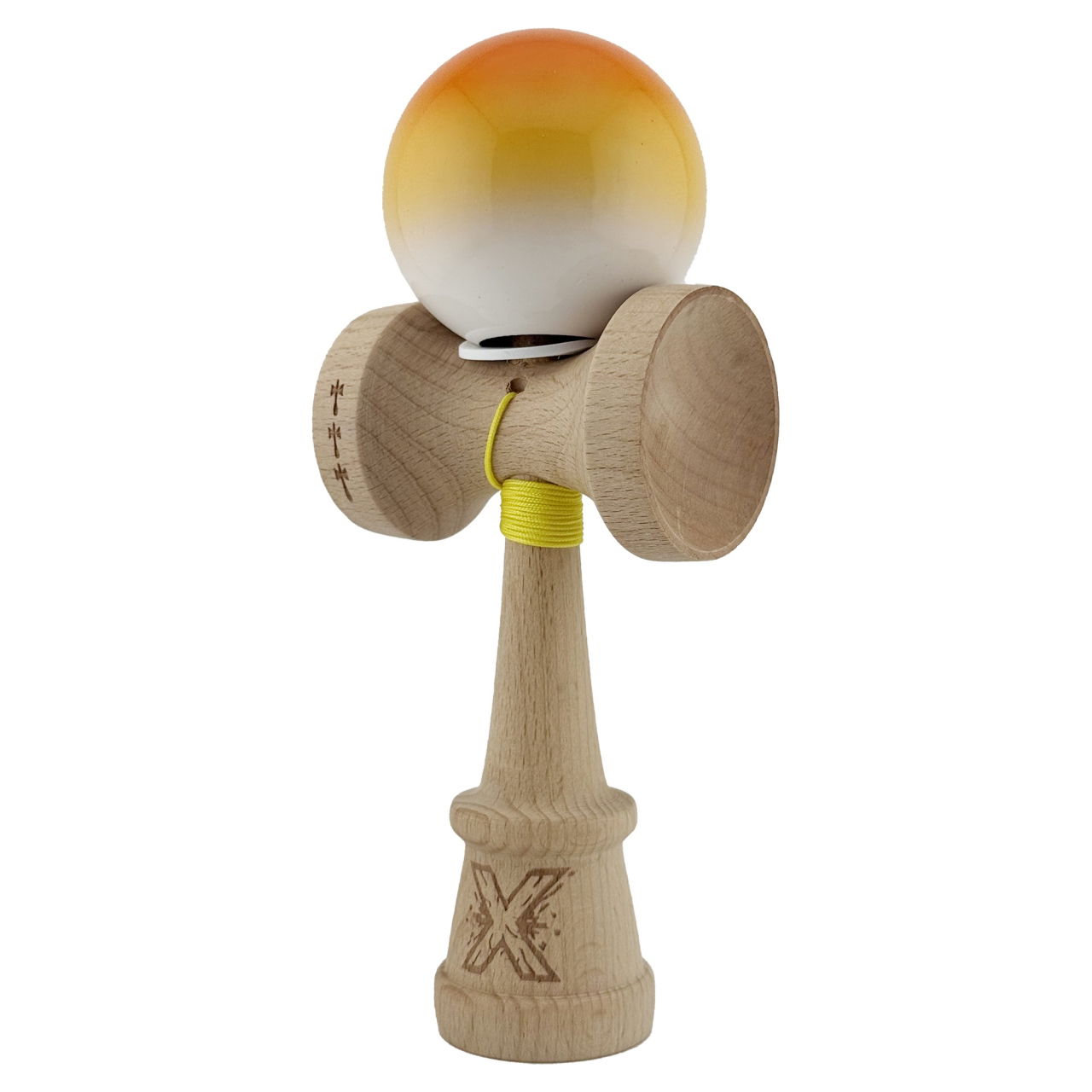 Kendama X Originala, Profesionala, Flippy, Super Sticky cu Cupe Mari KING SIZE V3, Gaura in Baza, Rulment Metalic, din lemn 18 cm, Ata 62/65 cm, Gradient Portocaliu/Galben/Alb [3]