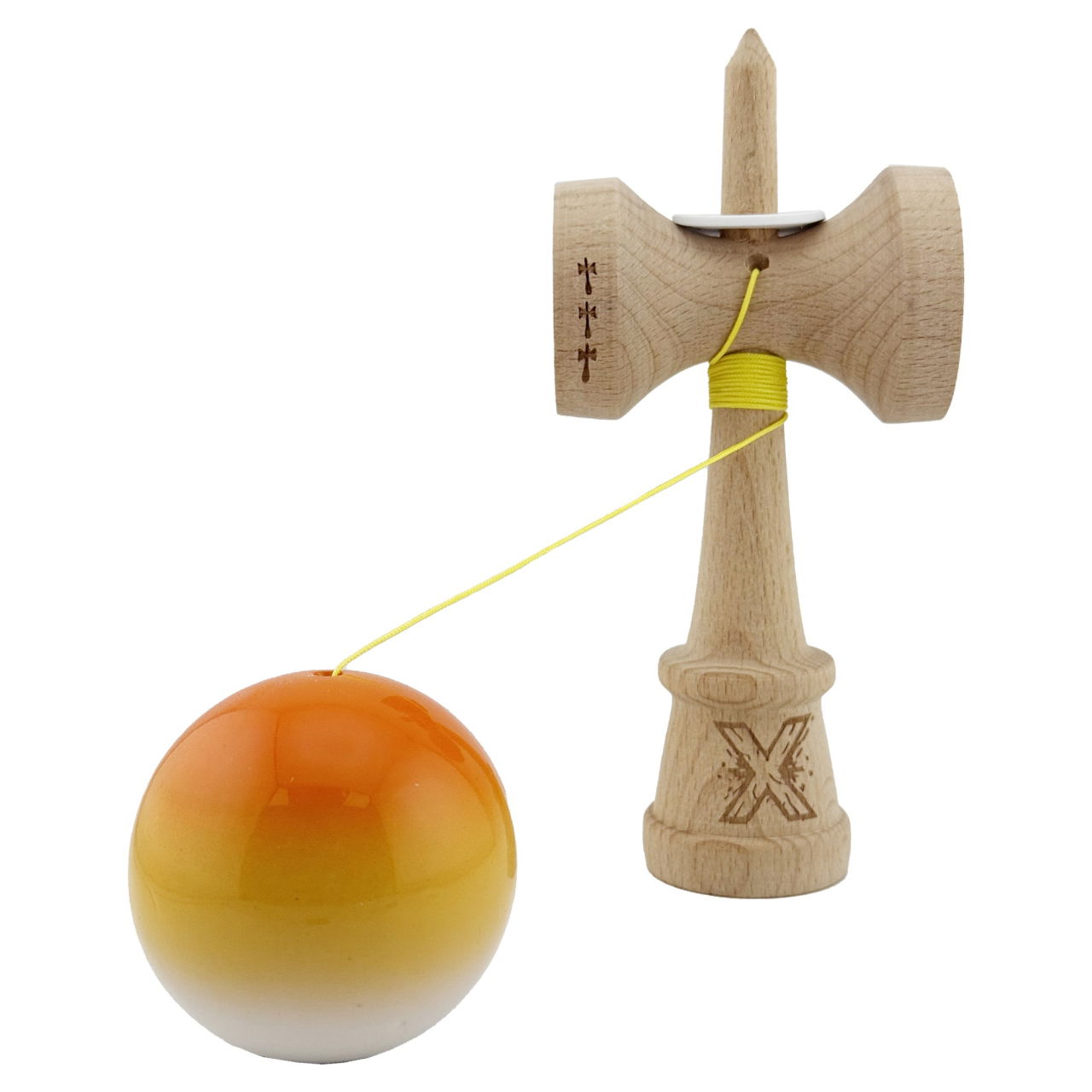Kendama X Originala, Profesionala, Flippy, Super Sticky cu Cupe Mari KING SIZE V3, Gaura in Baza, Rulment Metalic, din lemn 18 cm, Ata 62/65 cm, Gradient Portocaliu/Galben/Alb [4]