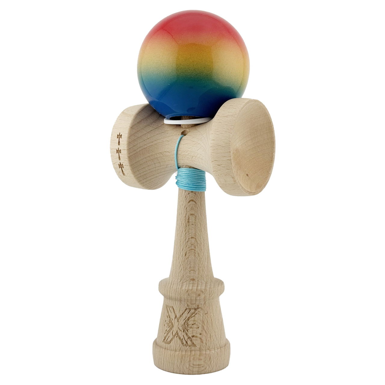 Kendama X Originala, Profesionala, Flippy, Super Sticky cu Cupe Mari KING SIZE V3, Gaura in Baza, Rulment Metalic, din lemn 18 cm, Ata 62/65 cm, Gradient Rosu/Galben/Albastru [3]