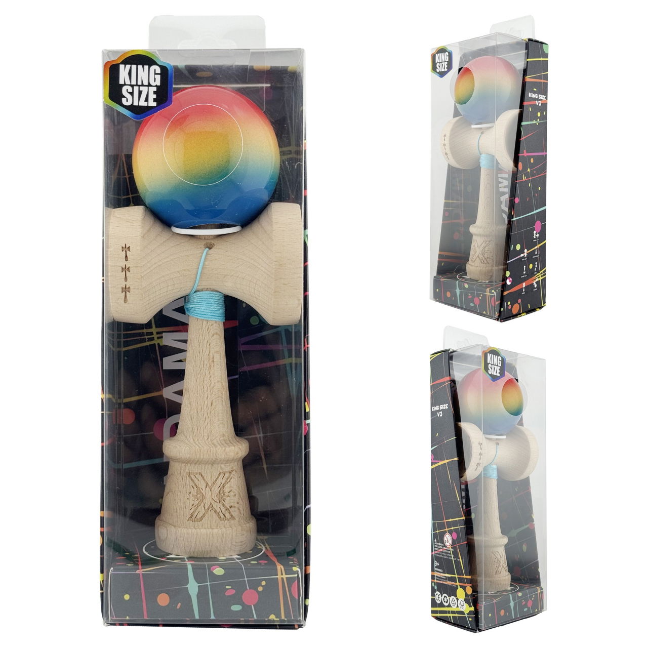Kendama X Originala, Profesionala, Flippy, Super Sticky cu Cupe Mari KING SIZE V3, Gaura in Baza, Rulment Metalic, din lemn 18 cm, Ata 62/65 cm, Gradient Rosu/Galben/Albastru [6]