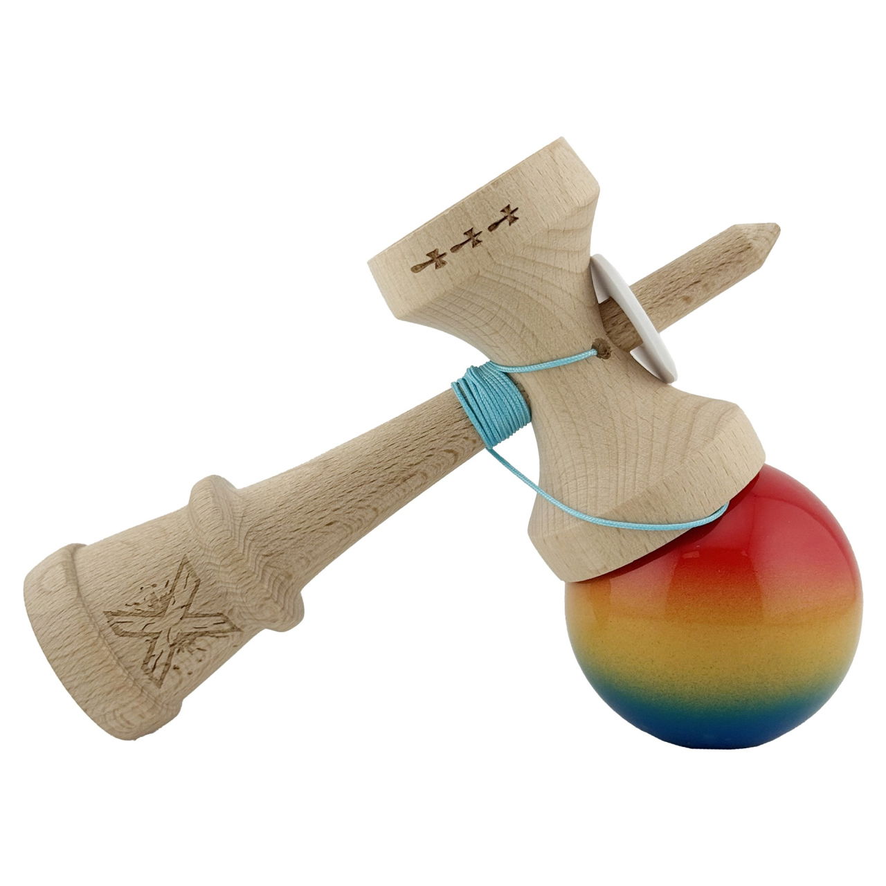 Kendama X Originala, Profesionala, Flippy, Super Sticky cu Cupe Mari KING SIZE V3, Gaura in Baza, Rulment Metalic, din lemn 18 cm, Ata 62/65 cm, Gradient Rosu/Galben/Albastru [5]