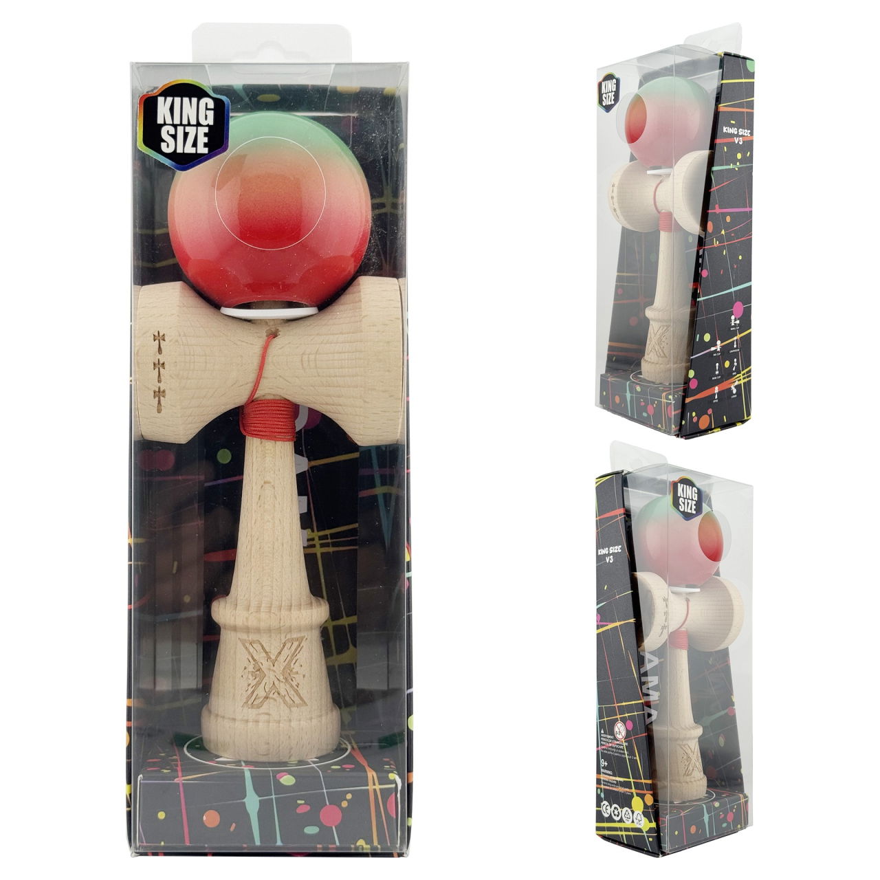 Kendama X Originala, Profesionala, Flippy, Super Sticky cu Cupe Mari KING SIZE V3, Gaura in Baza, Rulment Metalic, din lemn 18 cm, Ata 62/65 cm, Gradient Verde/Portocaliu/Rosu [6]