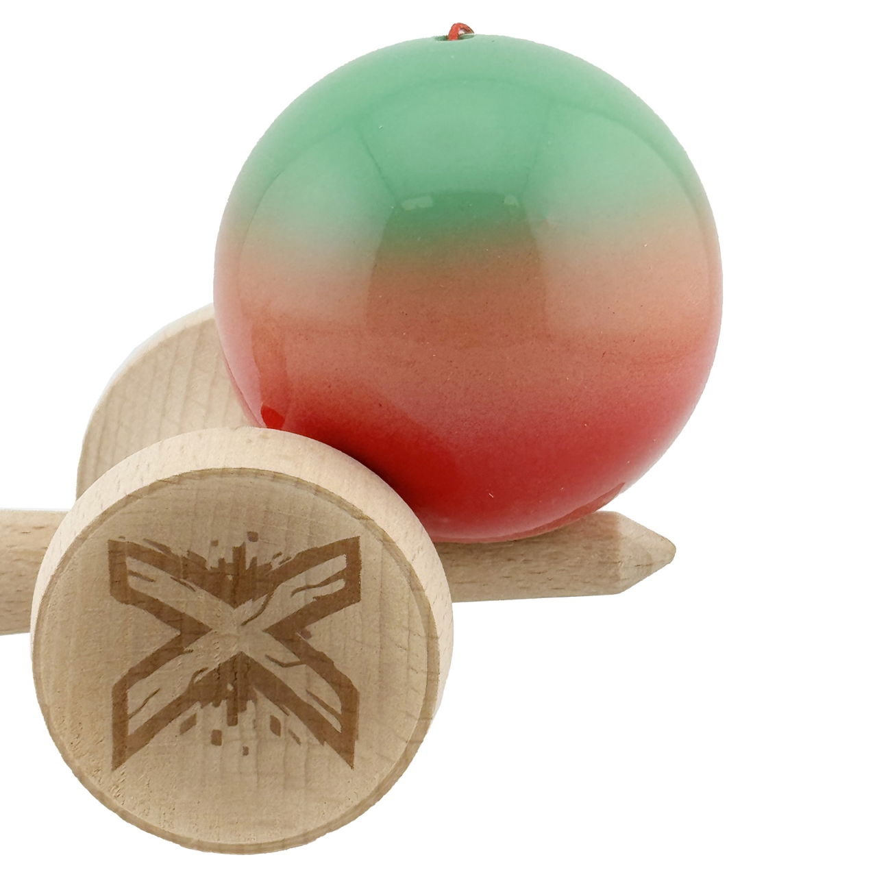 Kendama X Originala, Profesionala, Flippy, Super Sticky cu Cupe Mari KING SIZE V3, Gaura in Baza, Rulment Metalic, din lemn 18 cm, Ata 62/65 cm, Gradient Verde/Portocaliu/Rosu [9]