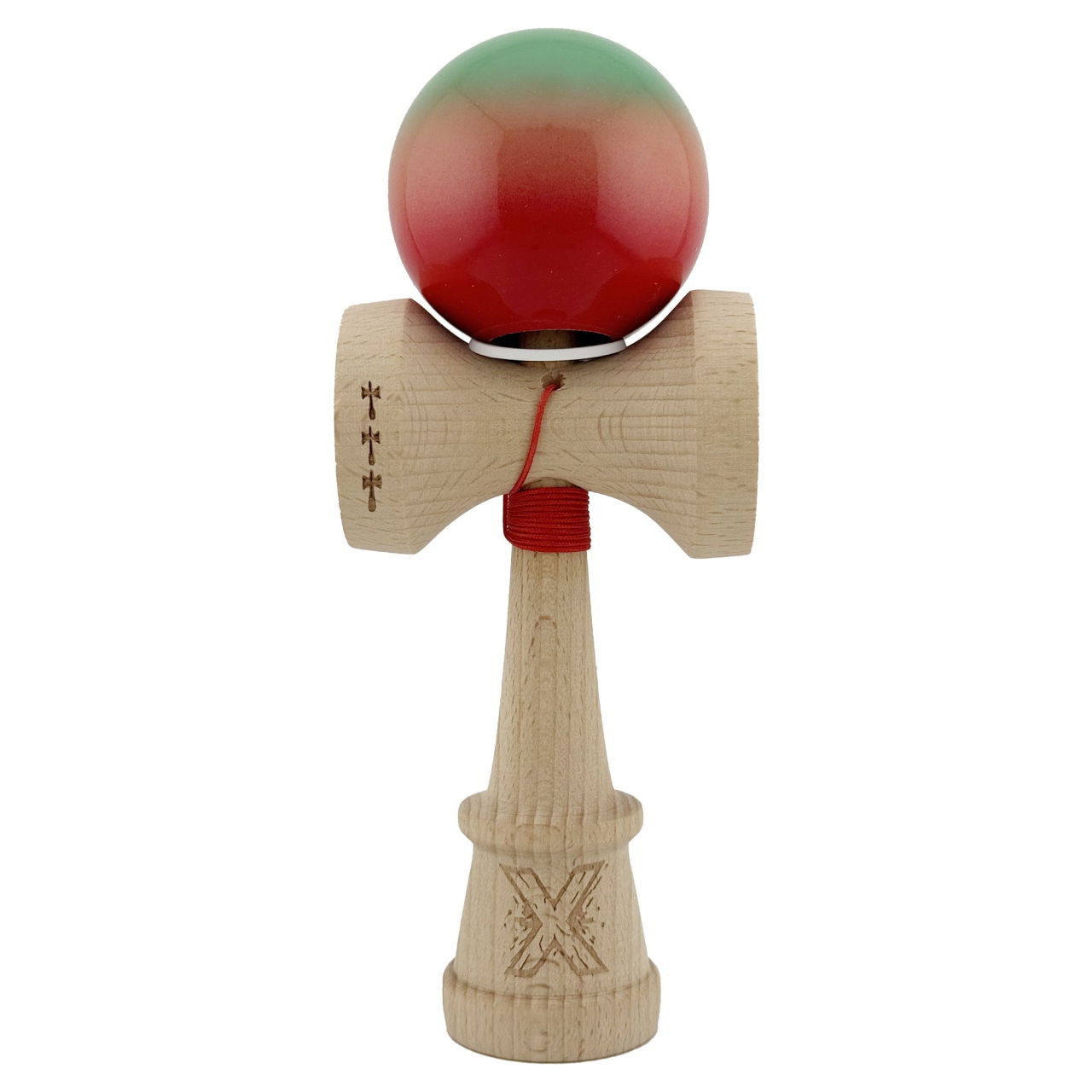 Kendama X Originala, Profesionala, Flippy, Super Sticky cu Cupe Mari KING SIZE V3, Gaura in Baza, Rulment Metalic, din lemn 18 cm, Ata 62/65 cm, Gradient Verde/Portocaliu/Rosu [2]