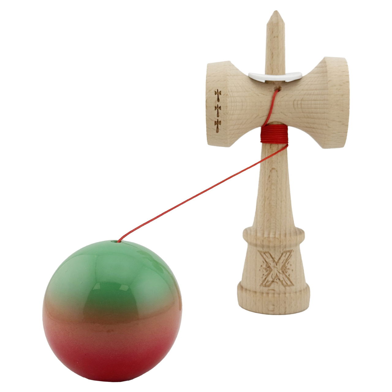 Kendama X Originala, Profesionala, Flippy, Super Sticky cu Cupe Mari KING SIZE V3, Gaura in Baza, Rulment Metalic, din lemn 18 cm, Ata 62/65 cm, Gradient Verde/Portocaliu/Rosu [4]