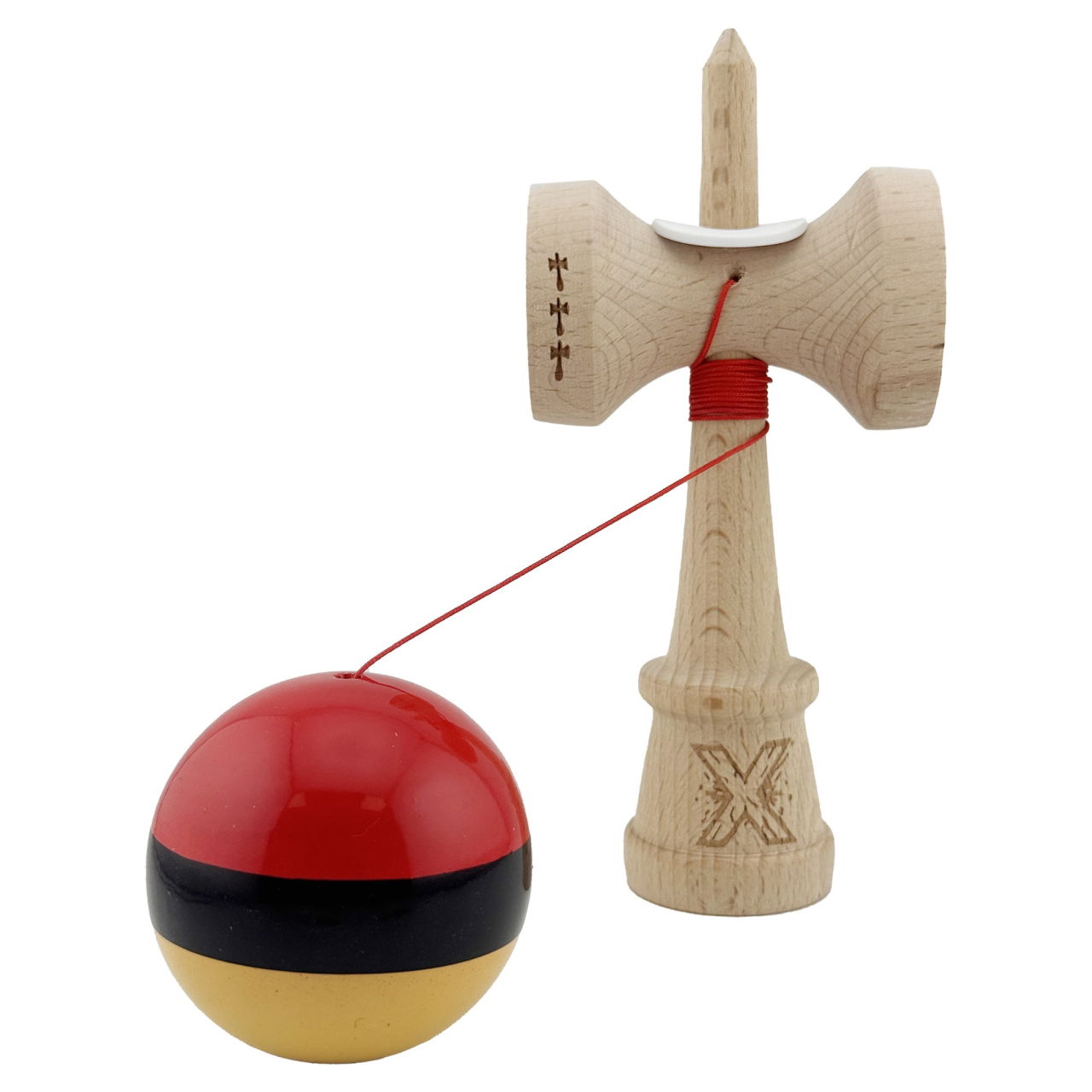 Kendama X Originala, Profesionala, Flippy, Super Sticky cu Cupe Mari KING SIZE V3, Gaura in Baza, Rulment Metalic, din lemn 18 cm, Ata 62/65 cm, Rosu/Negru/Galben  [4]