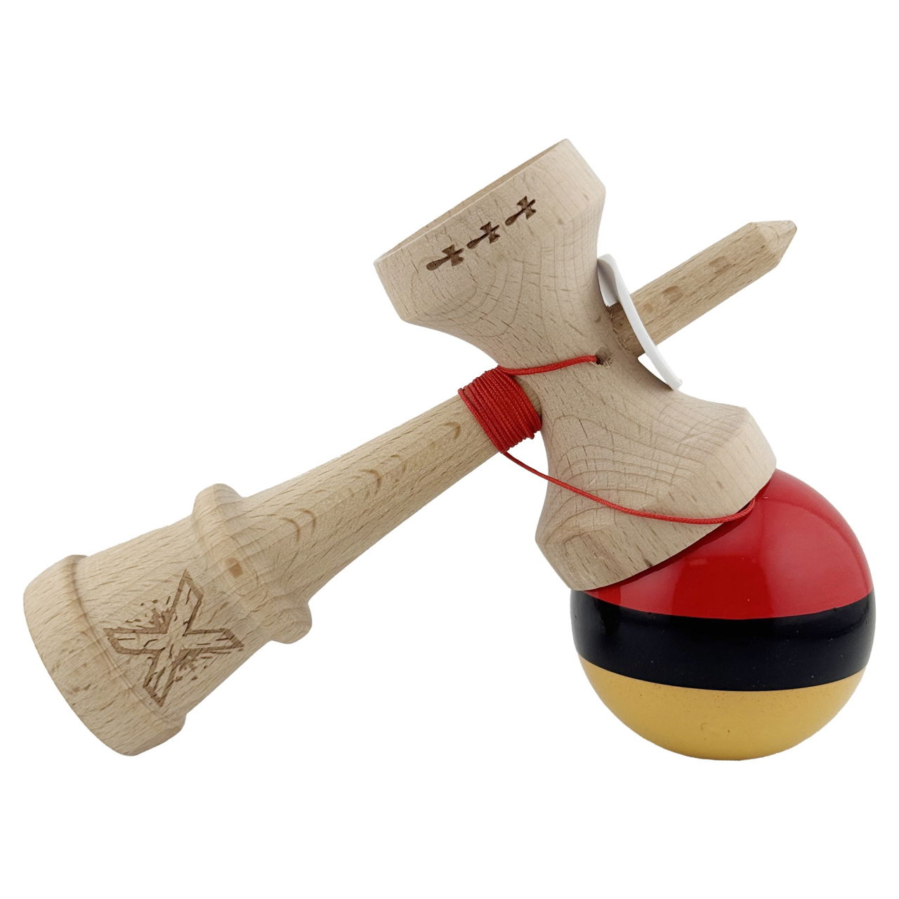 Kendama X Originala, Profesionala, Flippy, Super Sticky cu Cupe Mari KING SIZE V3, Gaura in Baza, Rulment Metalic, din lemn 18 cm, Ata 62/65 cm, Rosu/Negru/Galben  [5]