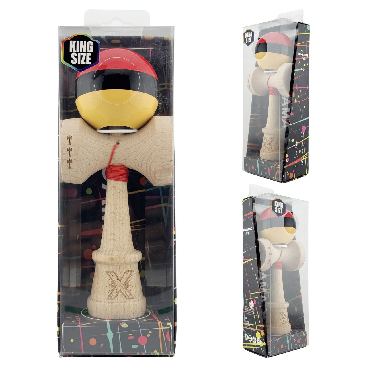 Kendama X Originala, Profesionala, Flippy, Super Sticky cu Cupe Mari KING SIZE V3, Gaura in Baza, Rulment Metalic, din lemn 18 cm, Ata 62/65 cm, Rosu/Negru/Galben  [6]