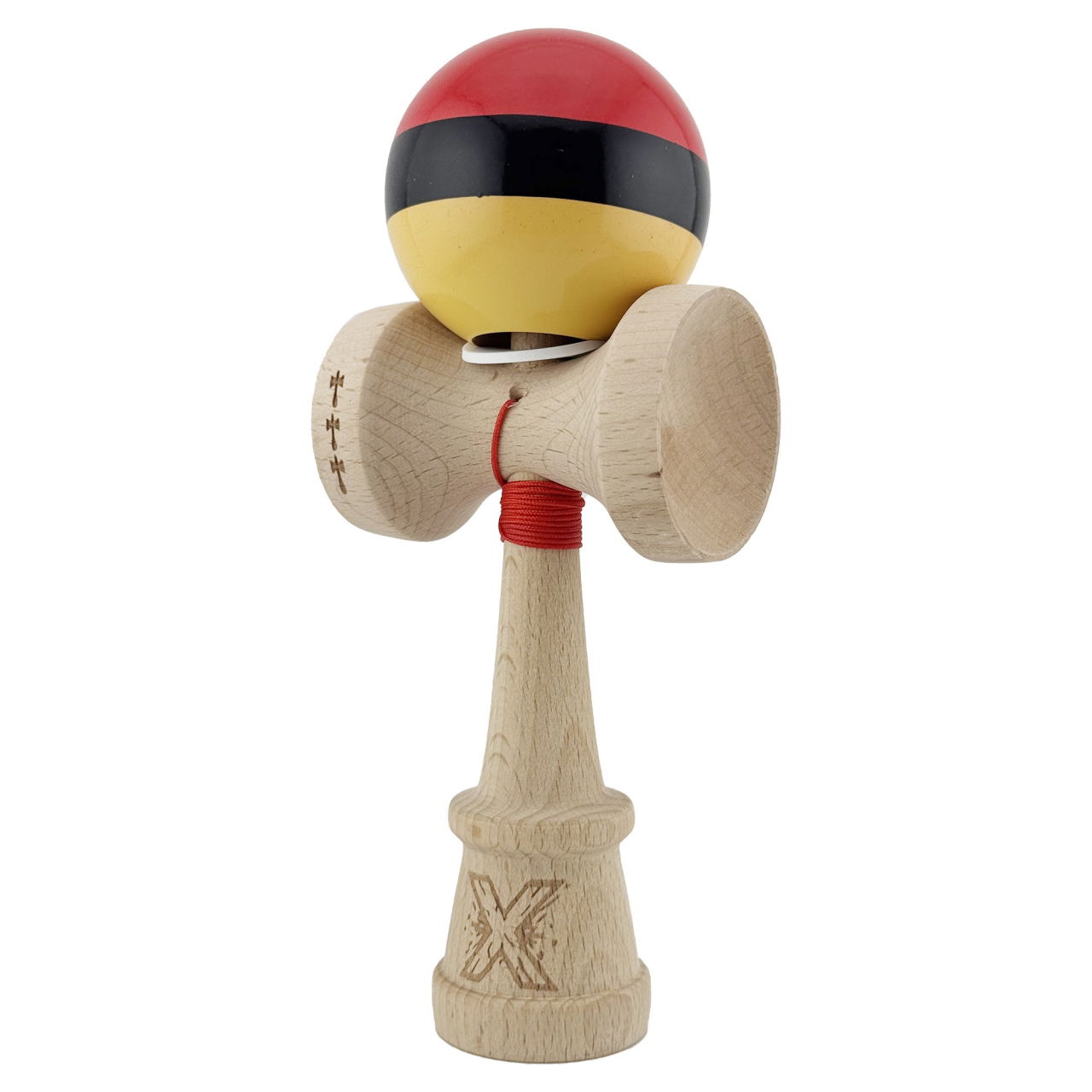 Kendama X Originala, Profesionala, Flippy, Super Sticky cu Cupe Mari KING SIZE V3, Gaura in Baza, Rulment Metalic, din lemn 18 cm, Ata 62/65 cm, Rosu/Negru/Galben  [3]
