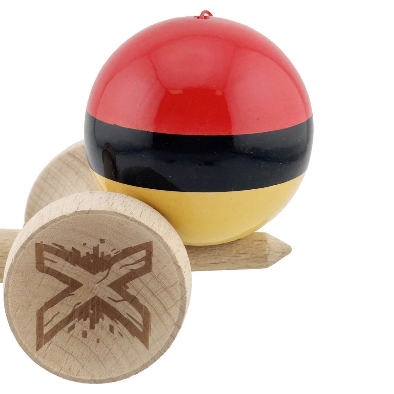 Kendama X Originala, Profesionala, Flippy, Super Sticky cu Cupe Mari KING SIZE V3, Gaura in Baza, Rulment Metalic, din lemn 18 cm, Ata 62/65 cm, Rosu/Negru/Galben  [9]