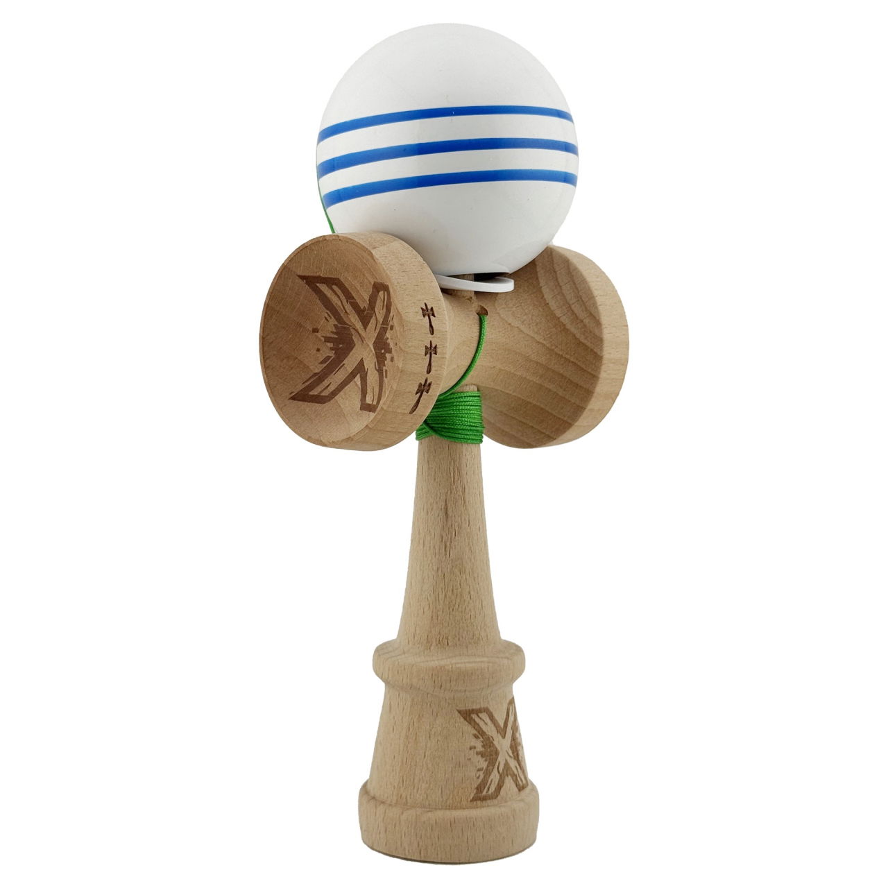 Kendama X Originala, Profesionala, Flippy, Super Sticky cu Cupe Mari KING SIZE V3, Gaura in Baza, Rulment Metalic, din lemn 18 cm, Ata 62/65 cm, Special Alb/Albastru [1]