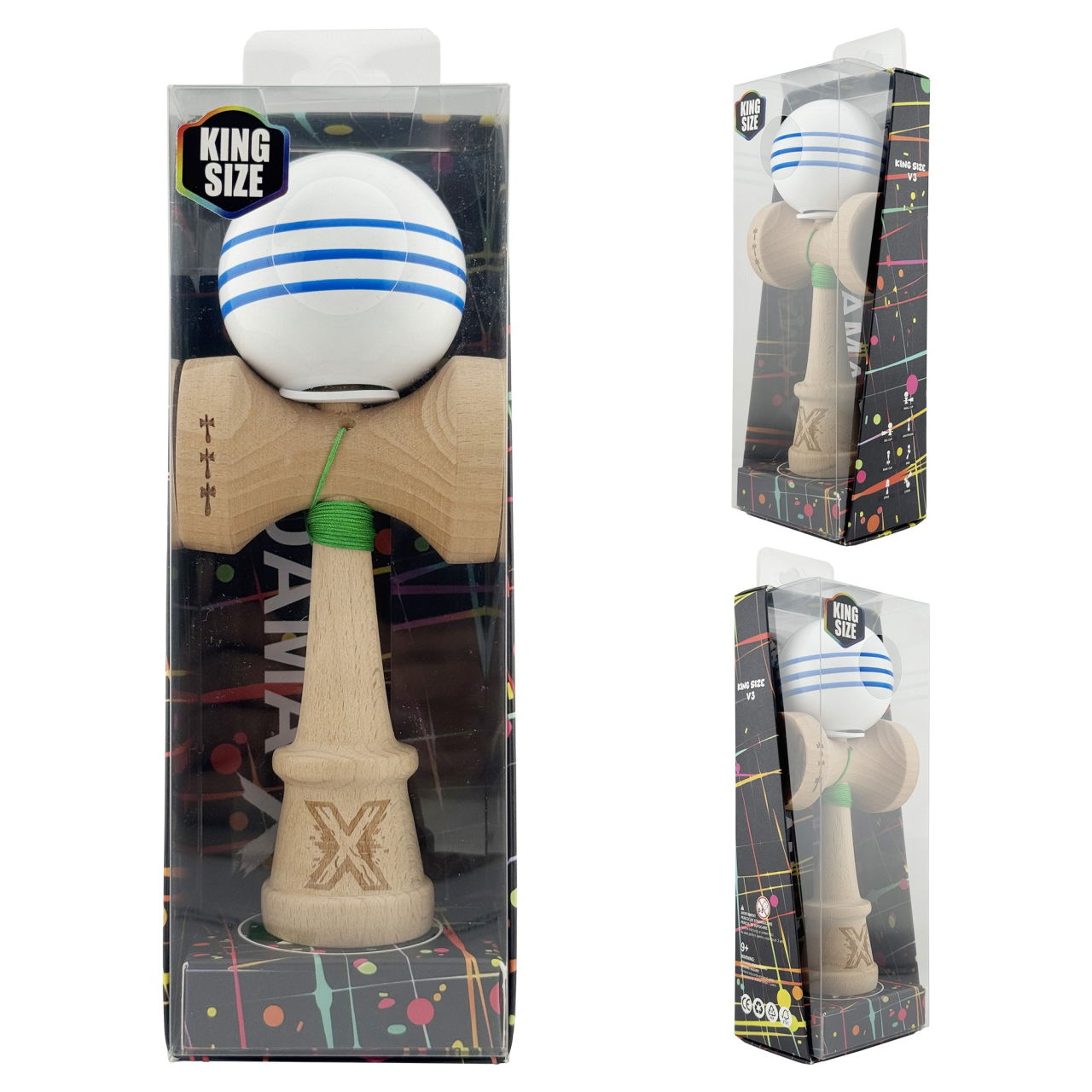 Kendama X Originala, Profesionala, Flippy, Super Sticky cu Cupe Mari KING SIZE V3, Gaura in Baza, Rulment Metalic, din lemn 18 cm, Ata 62/65 cm, Special Alb/Albastru [6]