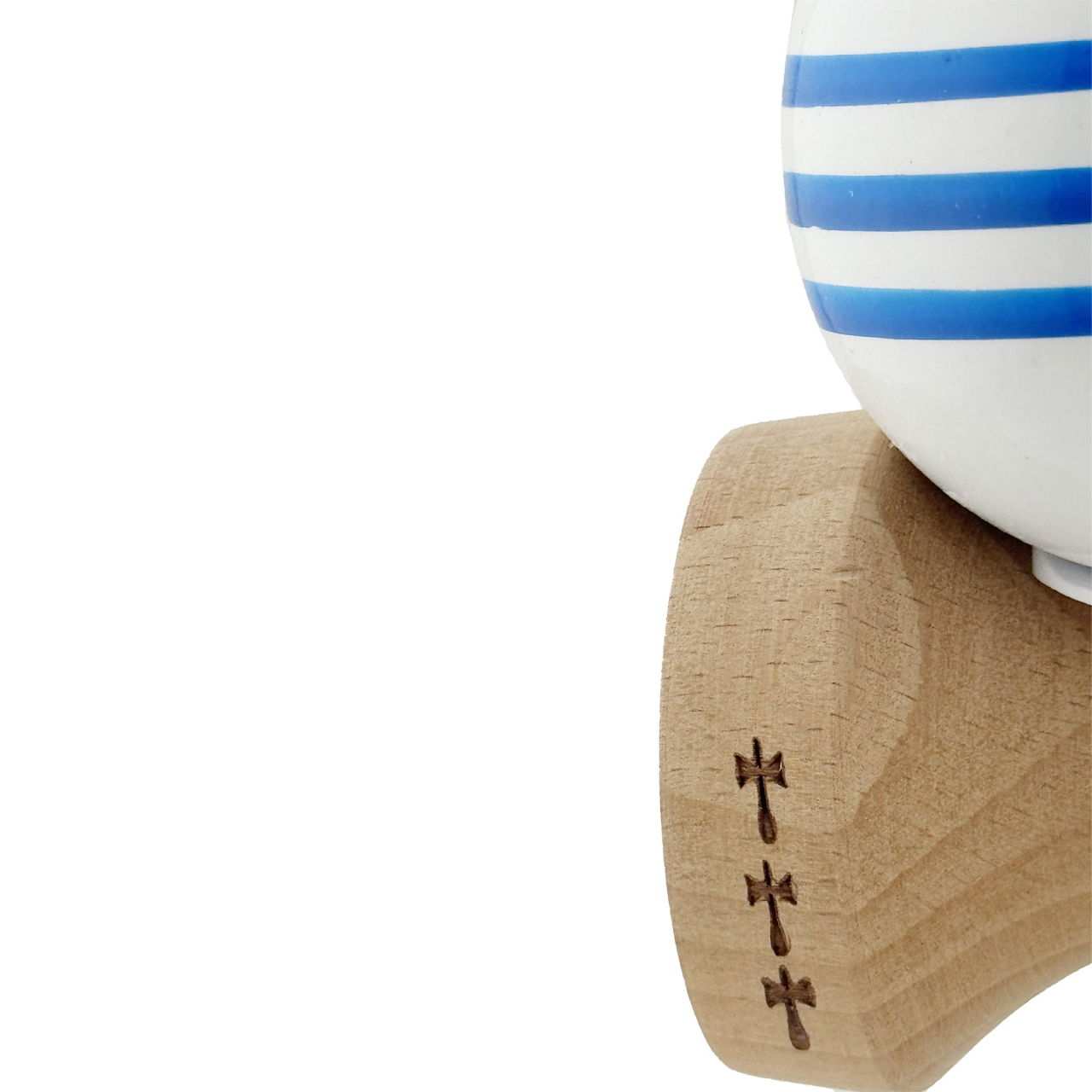 Kendama X Originala, Profesionala, Flippy, Super Sticky cu Cupe Mari KING SIZE V3, Gaura in Baza, Rulment Metalic, din lemn 18 cm, Ata 62/65 cm, Special Alb/Albastru [8]