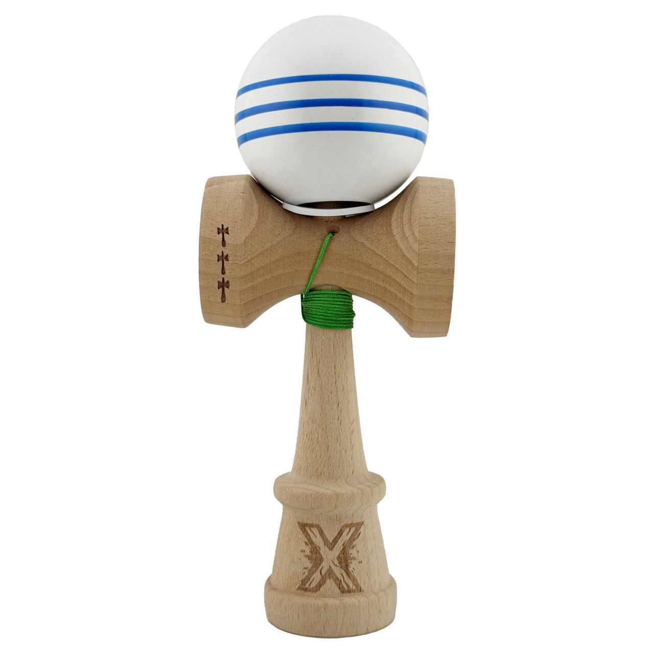 Kendama X Originala, Profesionala, Flippy, Super Sticky cu Cupe Mari KING SIZE V3, Gaura in Baza, Rulment Metalic, din lemn 18 cm, Ata 62/65 cm, Special Alb/Albastru [2]