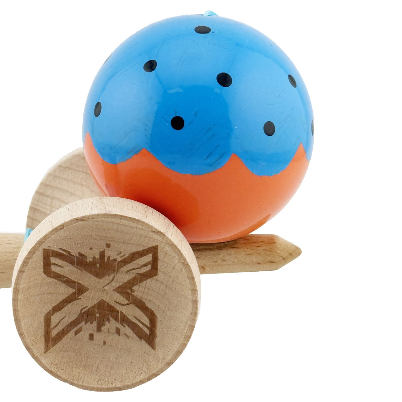 Kendama X Originala, Profesionala, Flippy, Super Sticky cu Cupe Mari KING SIZE V3, Gaura in Baza, Rulment Metalic, din lemn 18 cm, Ata 62/65 cm, Special Albastru/Portocaliu [8]