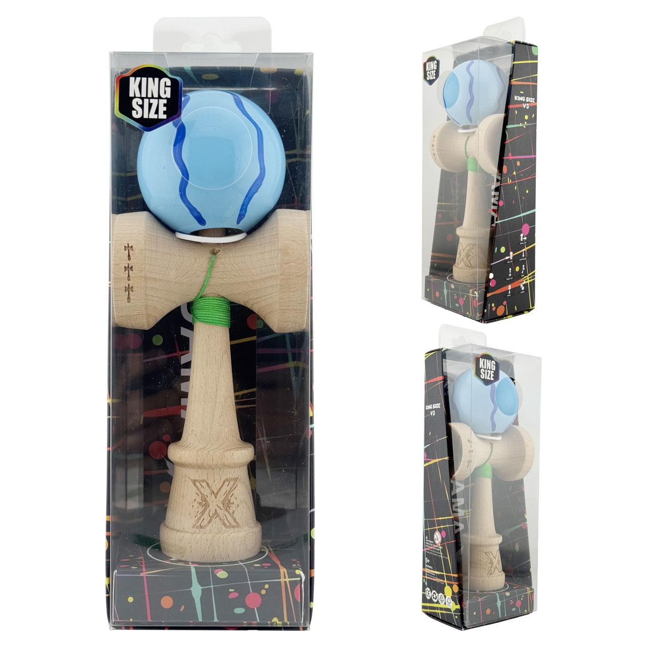 Kendama X Originala, Profesionala, Flippy, Super Sticky cu Cupe Mari KING SIZE V3, Gaura in Baza, Rulment Metalic, din lemn 18 cm, Ata 62/65 cm, Special Albastru deschis [6]