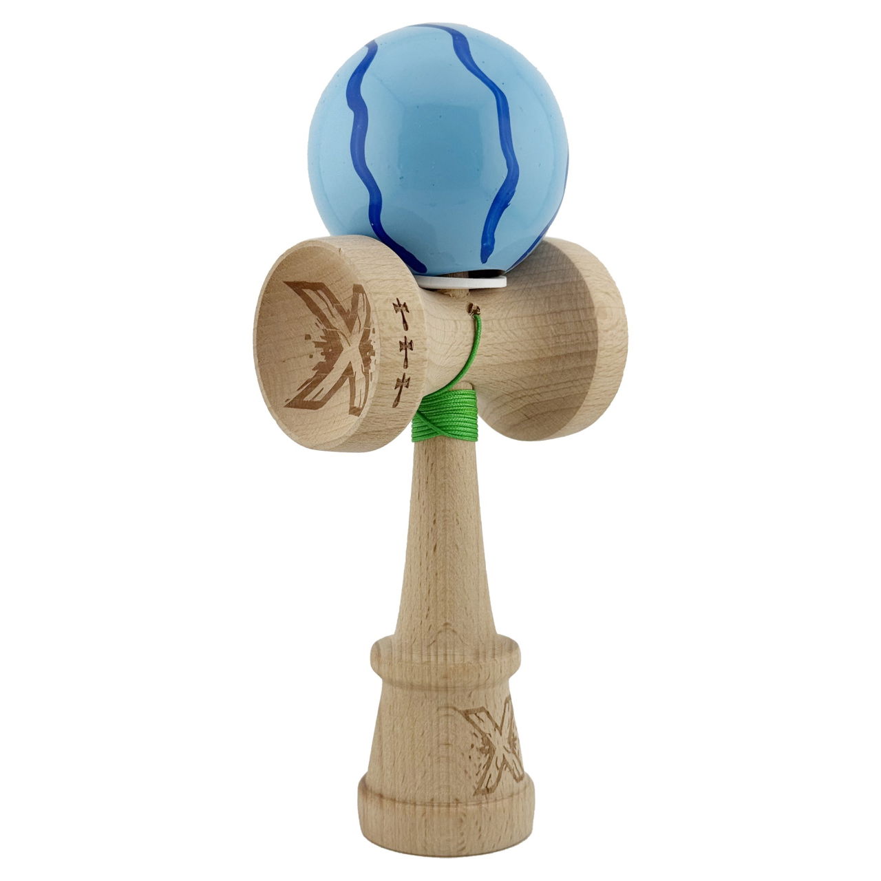 Kendama X Originala, Profesionala, Flippy, Super Sticky cu Cupe Mari KING SIZE V3, Gaura in Baza, Rulment Metalic, din lemn 18 cm, Ata 62/65 cm, Special Albastru deschis [1]