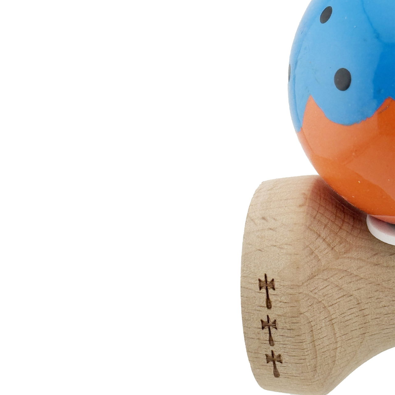 Kendama X Originala, Profesionala, Flippy, Super Sticky cu Cupe Mari KING SIZE V3, Gaura in Baza, Rulment Metalic, din lemn 18 cm, Ata 62/65 cm, Special Albastru/Portocaliu [7]