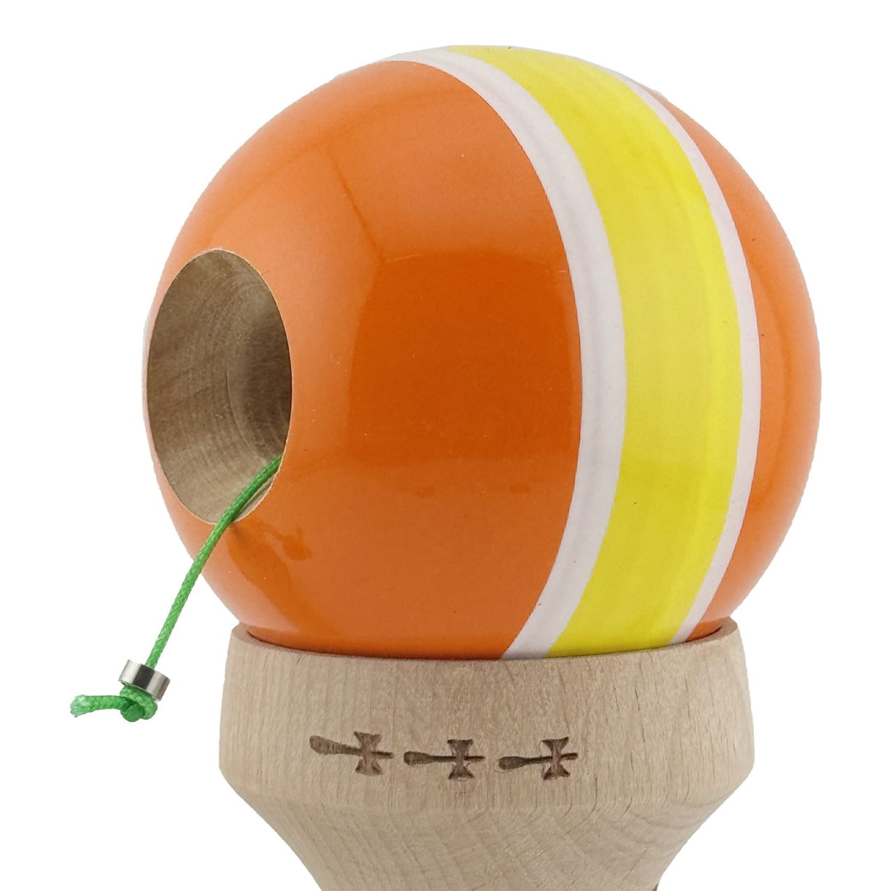 Kendama X Originala, Profesionala, Flippy, Super Sticky cu Cupe Mari KING SIZE V3, Gaura in Baza, Rulment Metalic, din lemn 18 cm, Ata 62/65 cm, Special Portocaliu/Galben [7]