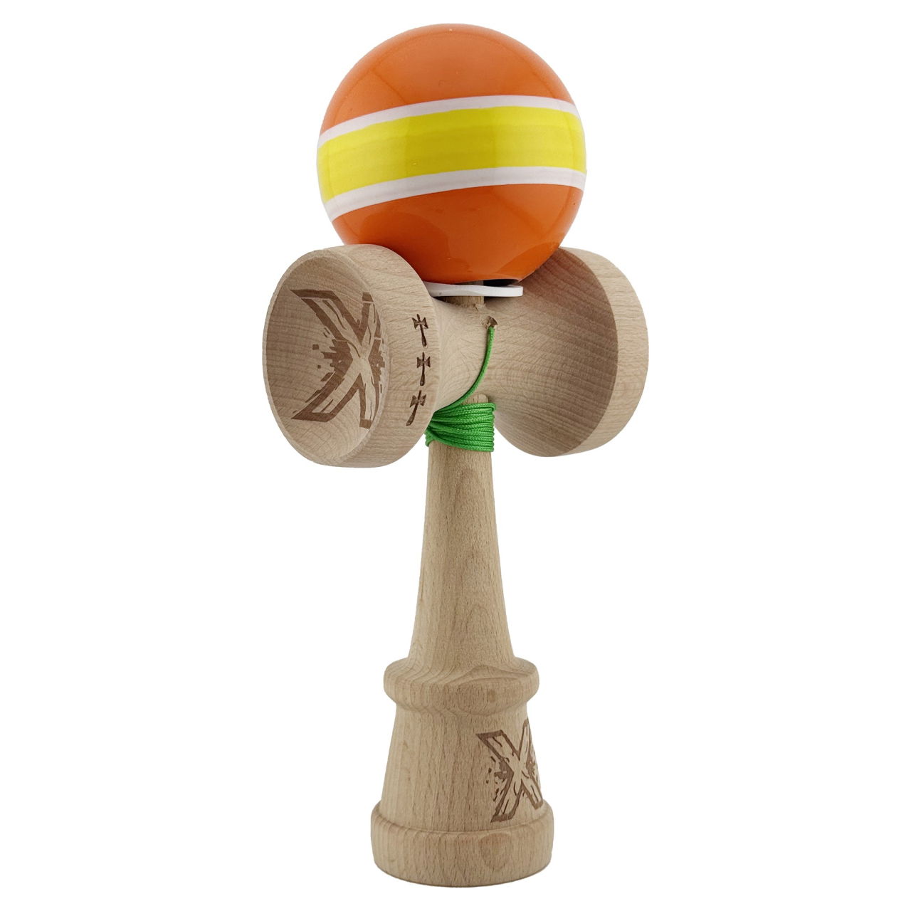 Kendama X Originala, Profesionala, Flippy, Super Sticky cu Cupe Mari KING SIZE V3, Gaura in Baza, Rulment Metalic, din lemn 18 cm, Ata 62/65 cm, Special Portocaliu/Galben [1]