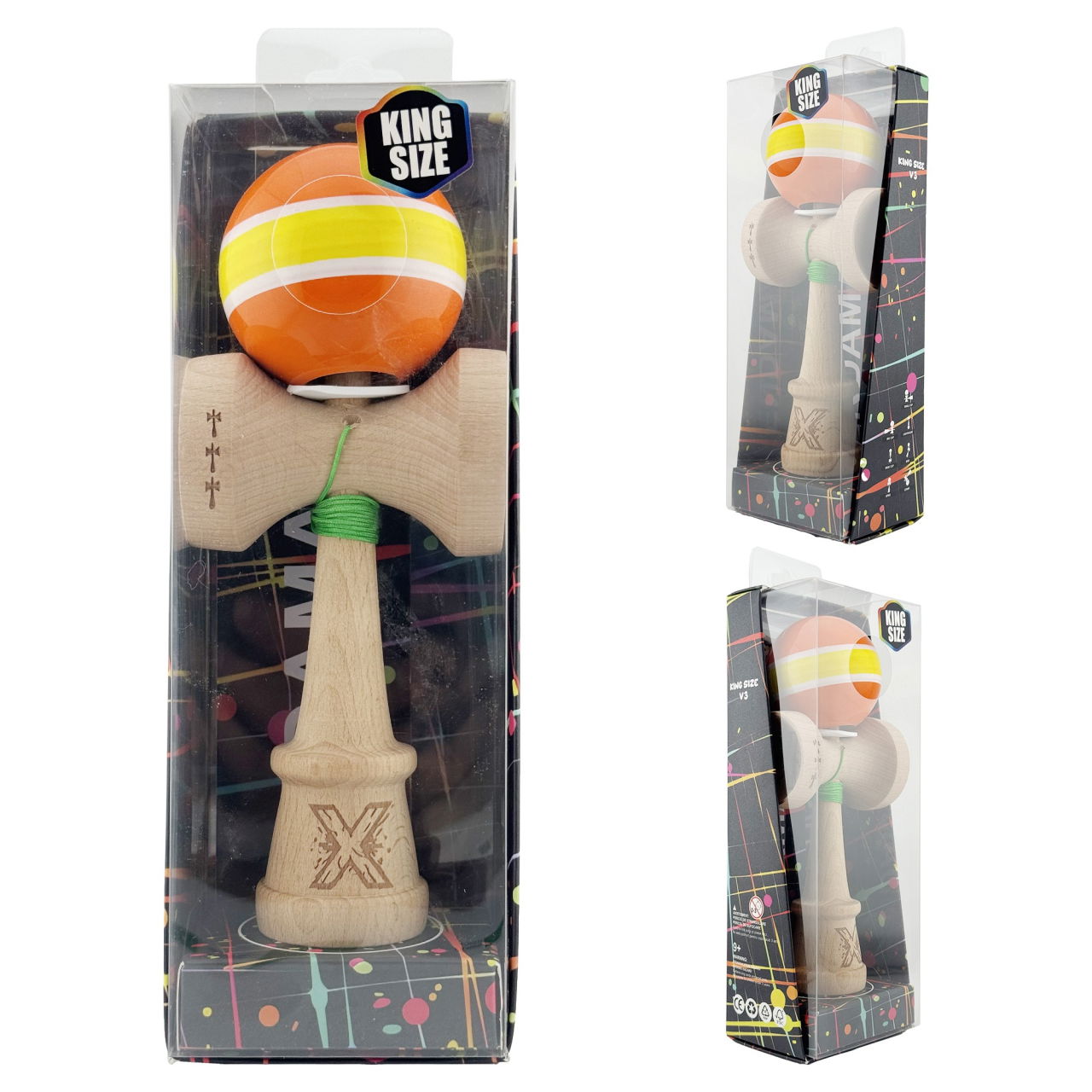 Kendama X Originala, Profesionala, Flippy, Super Sticky cu Cupe Mari KING SIZE V3, Gaura in Baza, Rulment Metalic, din lemn 18 cm, Ata 62/65 cm, Special Portocaliu/Galben [6]
