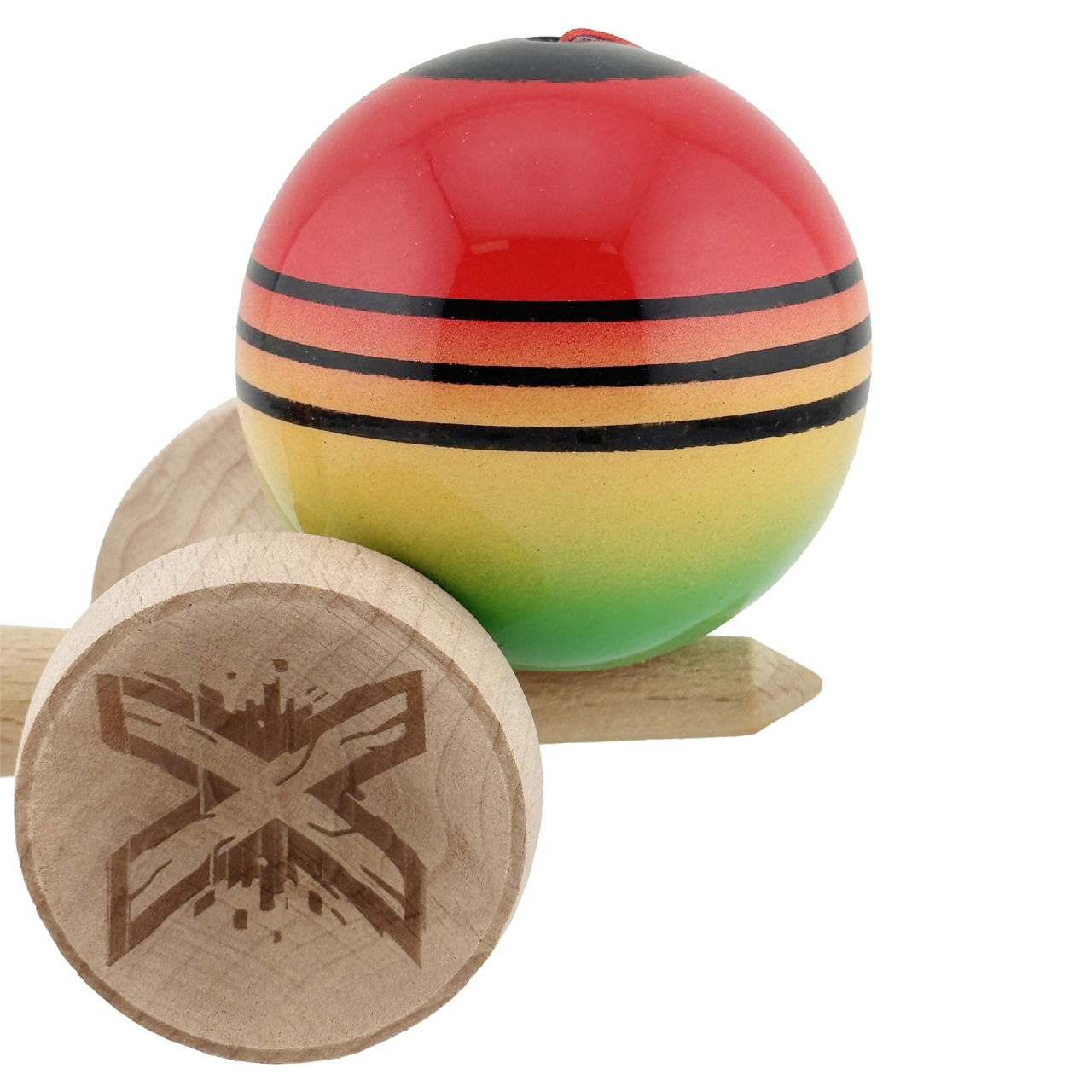 Kendama X Originala, Profesionala, Flippy, Super Sticky cu Cupe Mari KING SIZE V3, Gaura in Baza, Rulment Metalic, din lemn 18 cm, Ata 62/65 cm, Special Rosu/Verde [9]