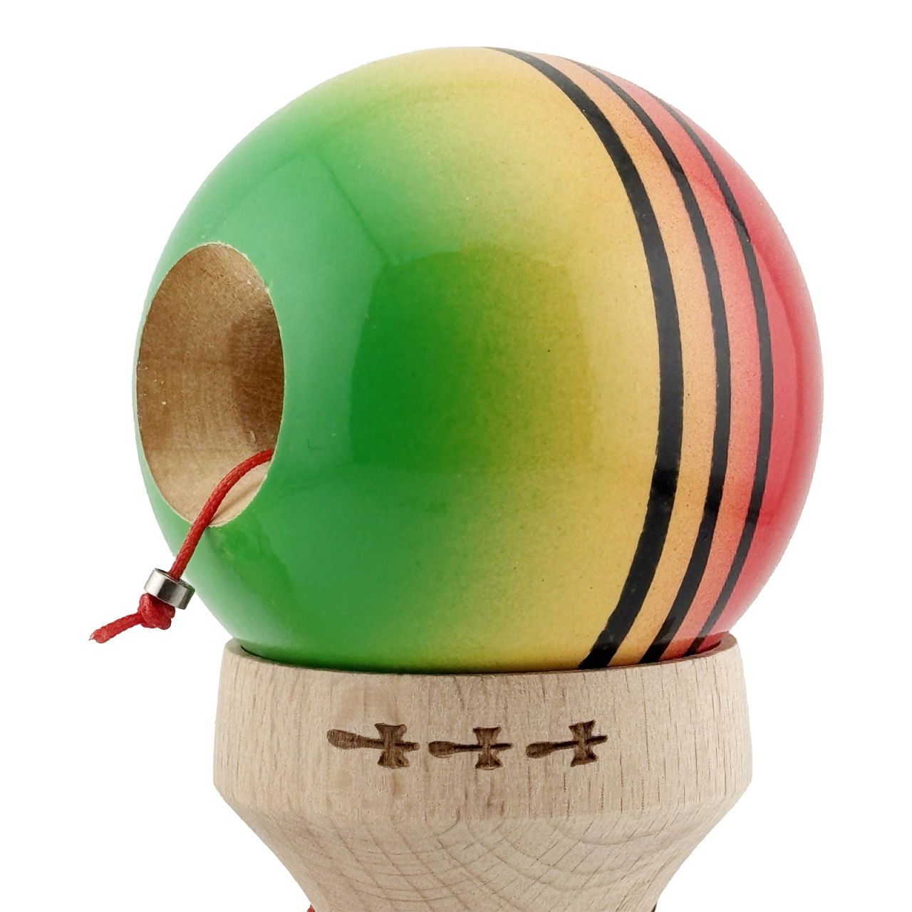 Kendama X Originala, Profesionala, Flippy, Super Sticky cu Cupe Mari KING SIZE V3, Gaura in Baza, Rulment Metalic, din lemn 18 cm, Ata 62/65 cm, Special Rosu/Verde [7]