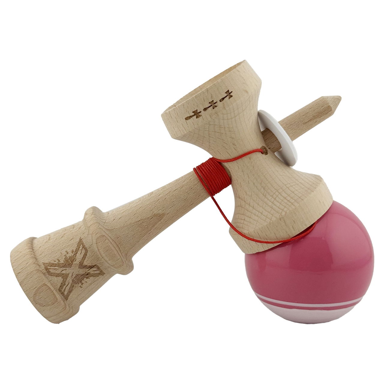Kendama X Originala, Profesionala, Flippy, Super Sticky cu Cupe Mari KING SIZE V3, Gaura in Baza, Rulment Metalic, din lemn 18 cm, Ata 62/65 cm, Special Roz/Alb [5]