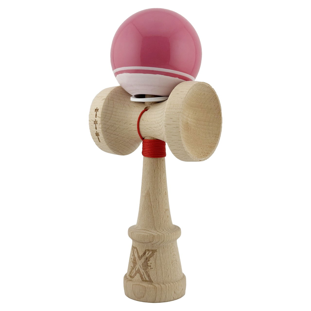 Kendama X Originala, Profesionala, Flippy, Super Sticky cu Cupe Mari KING SIZE V3, Gaura in Baza, Rulment Metalic, din lemn 18 cm, Ata 62/65 cm, Special Roz/Alb [3]
