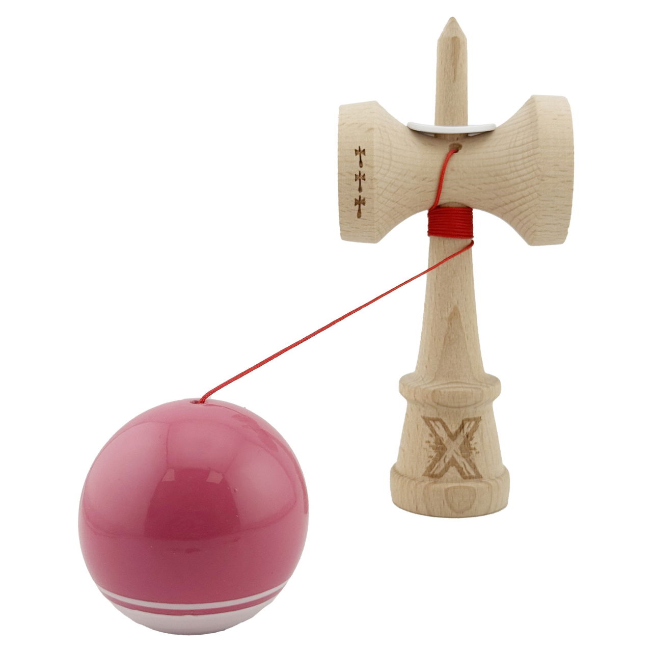 Kendama X Originala, Profesionala, Flippy, Super Sticky cu Cupe Mari KING SIZE V3, Gaura in Baza, Rulment Metalic, din lemn 18 cm, Ata 62/65 cm, Special Roz/Alb [4]