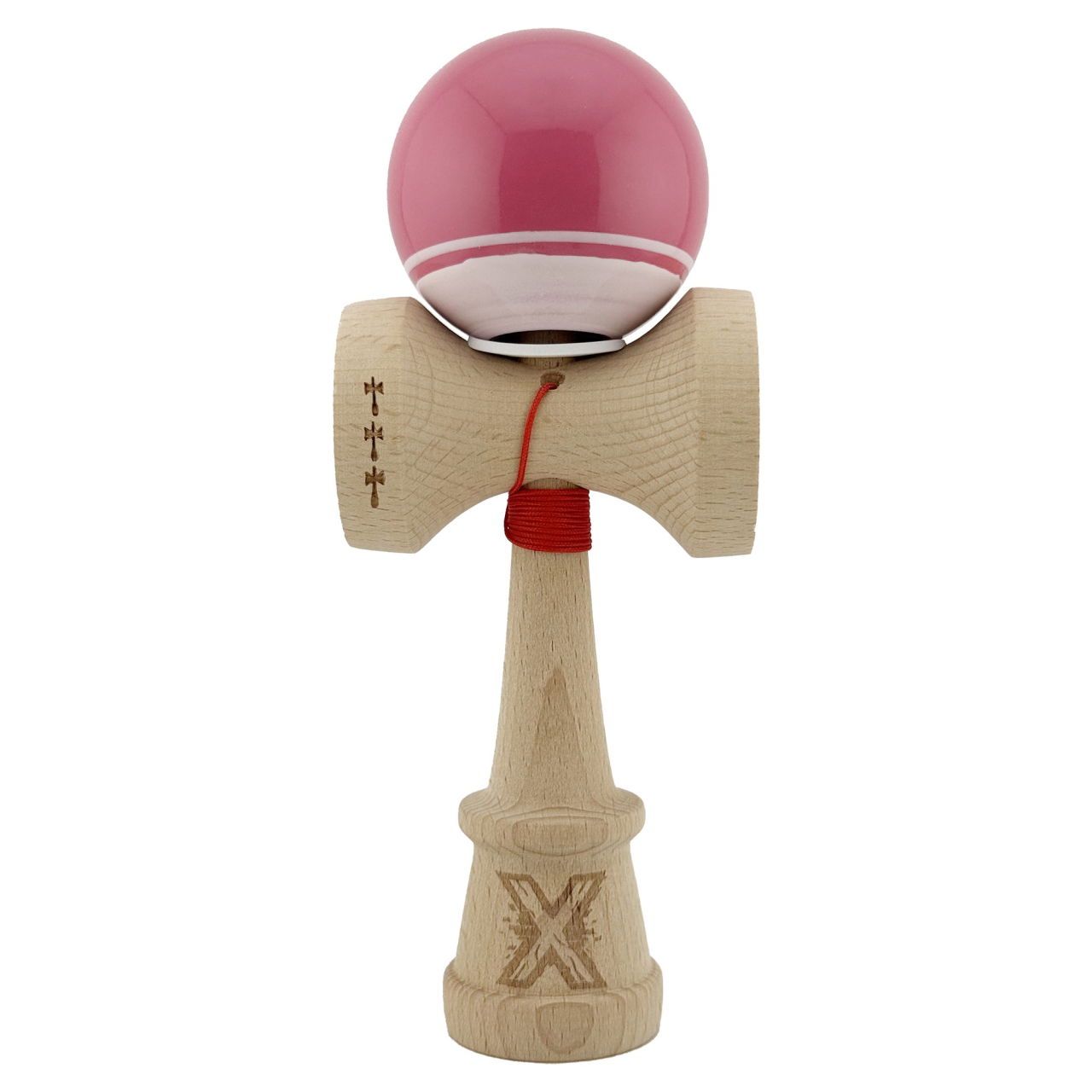 Kendama X Originala, Profesionala, Flippy, Super Sticky cu Cupe Mari KING SIZE V3, Gaura in Baza, Rulment Metalic, din lemn 18 cm, Ata 62/65 cm, Special Roz/Alb [2]