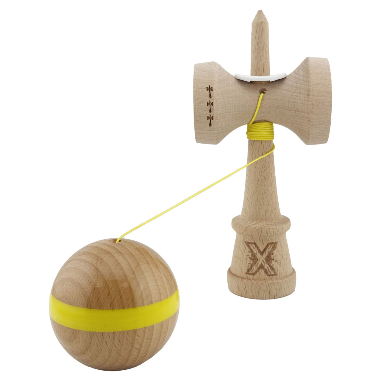 Kendama X Originala, Profesionala, Flippy, Super Sticky, Cupe Mari KING SIZE V3, Gaura in Baza, Rulment Metalic, din lemn 18 cm, Ata 62/65 cm, Original Galben [4]