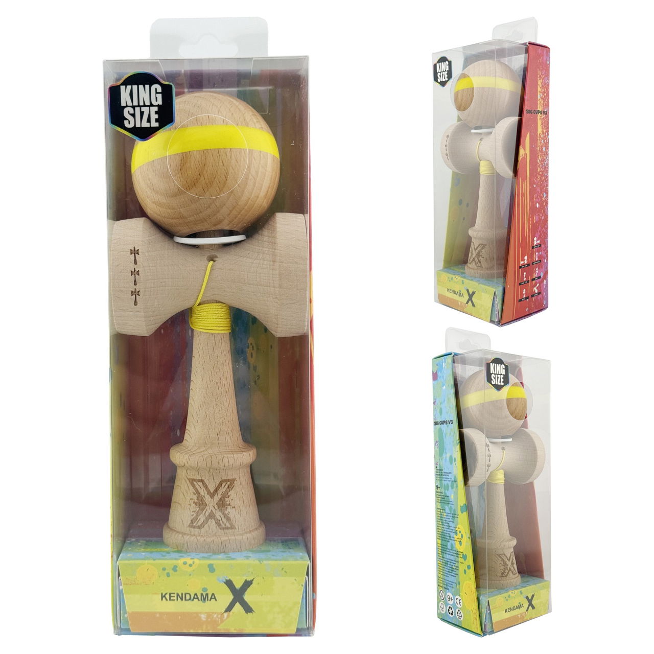 Kendama X Originala, Profesionala, Flippy, Super Sticky, Cupe Mari KING SIZE V3, Gaura in Baza, Rulment Metalic, din lemn 18 cm, Ata 62/65 cm, Original Galben [6]