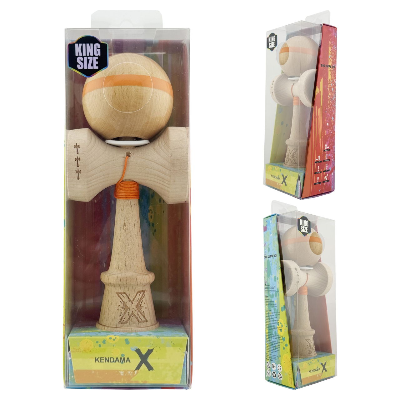 Kendama X Originala, Profesionala, Flippy, Super Sticky, Cupe Mari KING SIZE V3, Gaura in Baza, Rulment Metalic, din lemn 18 cm, Ata 62/65 cm, Original Portocaliu [6]