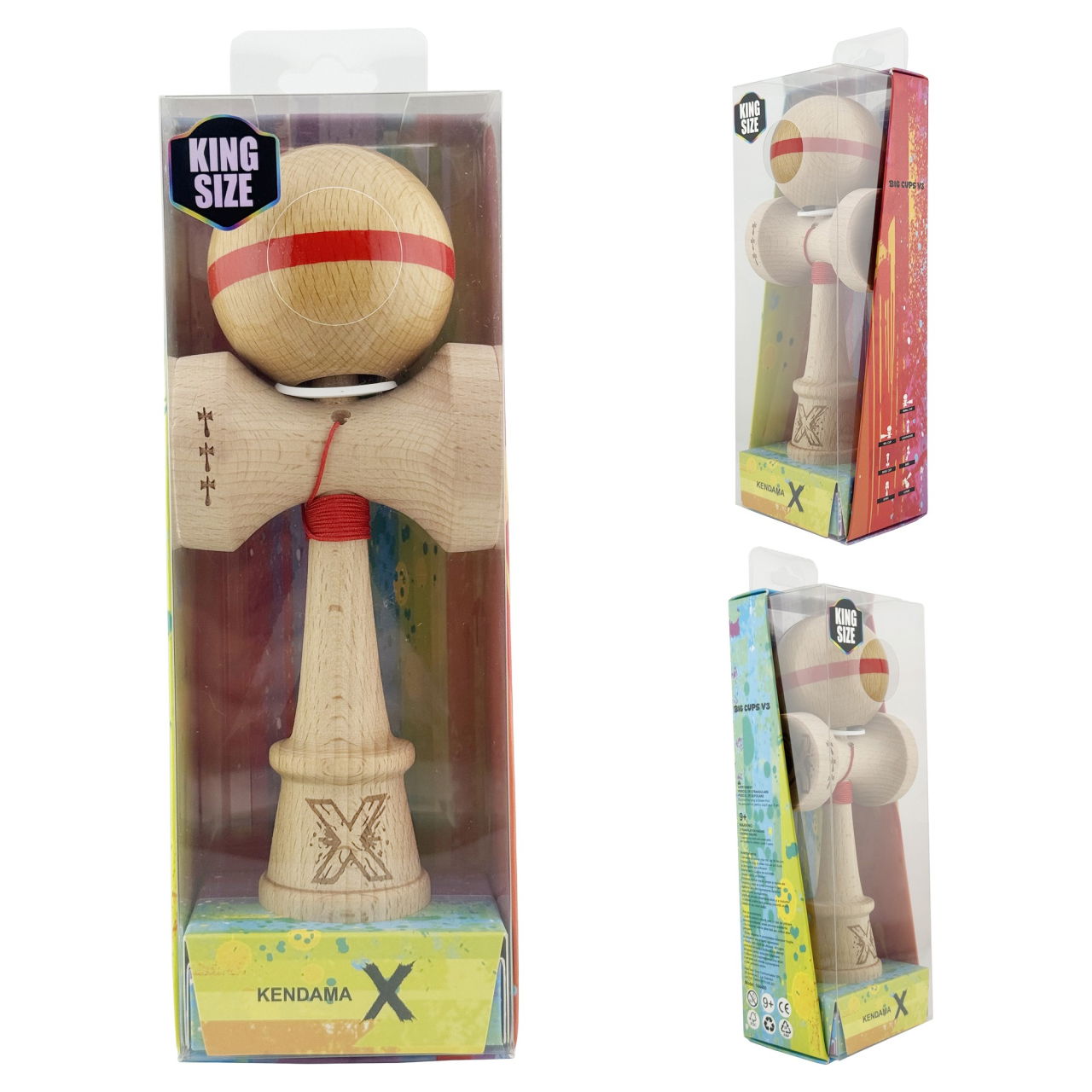 Kendama X Originala, Profesionala, Flippy, Super Sticky, Cupe Mari KING SIZE V3, Gaura in Baza, Rulment Metalic, din lemn 18 cm, Ata 62/65 cm, Original Rosu [6]