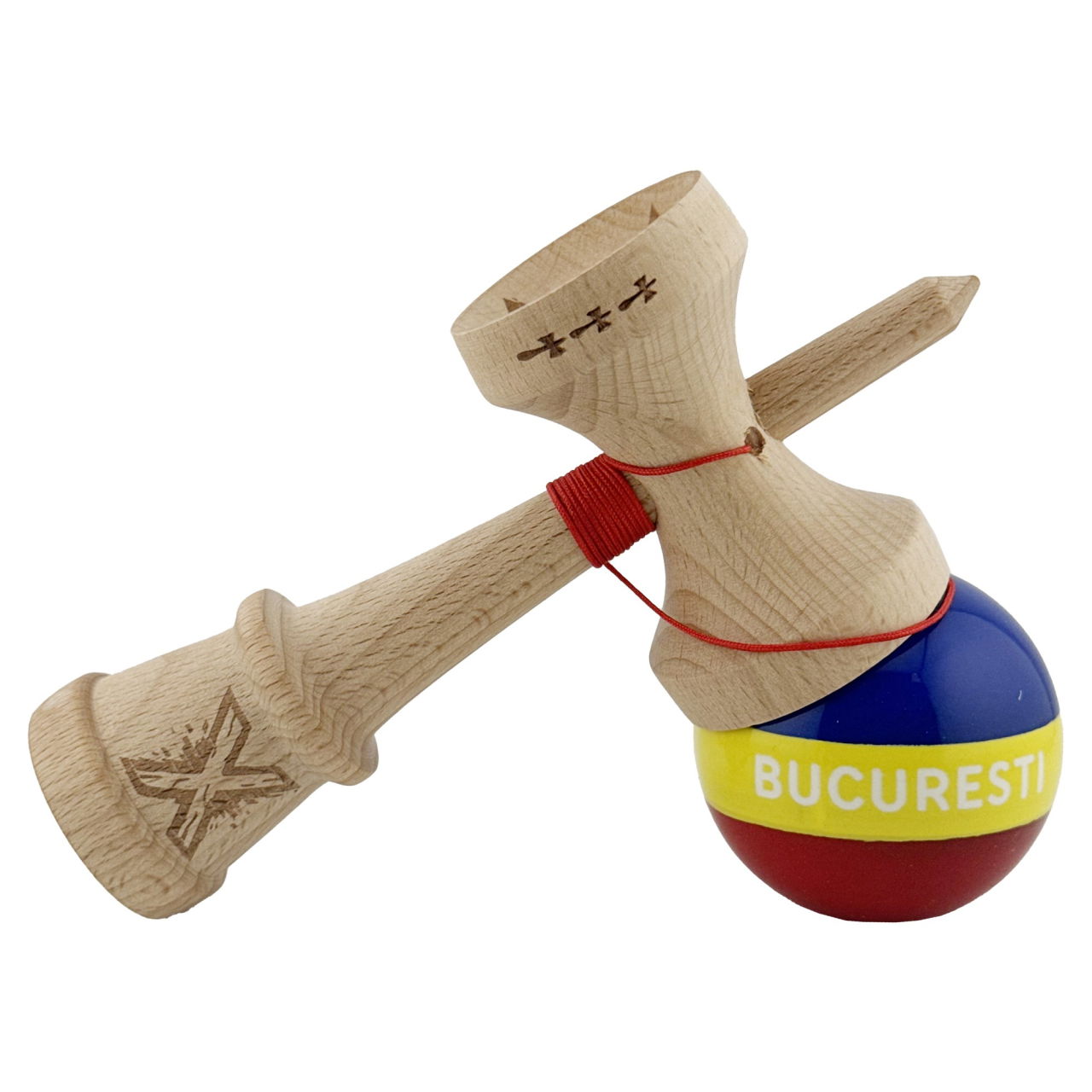 Kendama X Originala, Profesionala, Flippy, Tricolor Edition BUCURESTI, Super Sticky cu Cupe Mari KING SIZE V3, Rulment Metalic si Gaura in Baza, din Lemn 18 cm, Ata 62/65 cm, Multicolor [6]