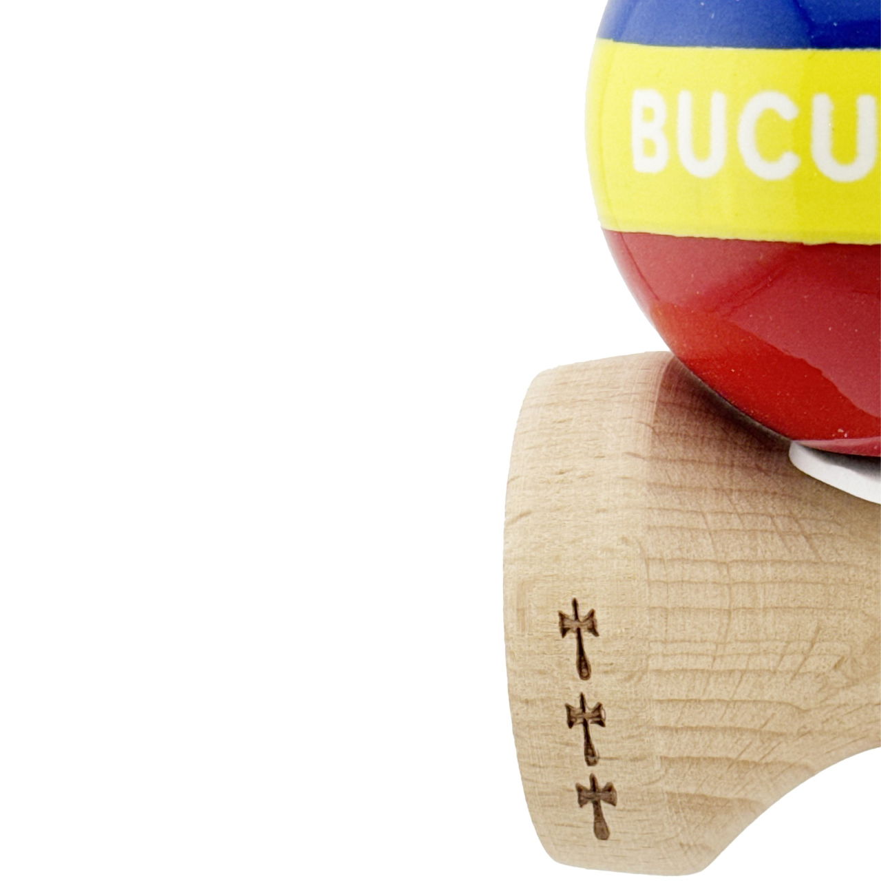 Kendama X Originala, Profesionala, Flippy, Tricolor Edition BUCURESTI, Super Sticky cu Cupe Mari KING SIZE V3, Rulment Metalic si Gaura in Baza, din Lemn 18 cm, Ata 62/65 cm, Multicolor [8]