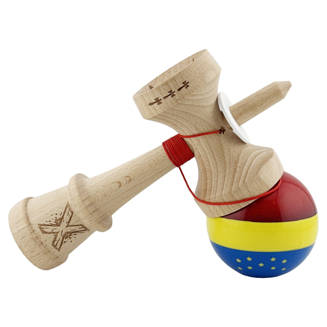 Kendama X Originala, Profesionala, Flippy, Tricolor Edition cu Stele, Super Sticky cu Cupe Mari KING SIZE V3, Rulment Metalic si Gaura in Baza, din Lemn 18 cm, Ata 62/65 cm, Multicolor [6]